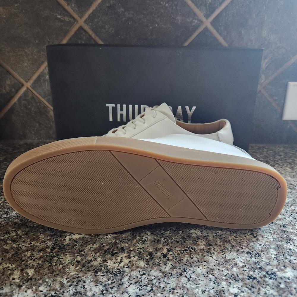 Thursday Boot Company White Leather Sneakers with Tan Sole and Lined Collar - Picture 5 of 6